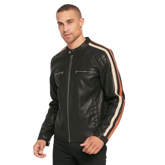Wilsons Leather Motorcycle Jacket Faux Leather Racing Stripes Bomber Black Sz 2X